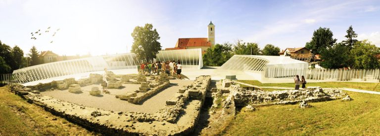 Zákres návrhu do jestvujúceho územia – pohľad od vykopávok smerom na juh. Rozdelením hmôt je cítiť pokoru nového návrhu pred minulým a vo vykopávkach dokladovaným vedením kamenného opevnenia zo 4.stor. kastela Gerulata.