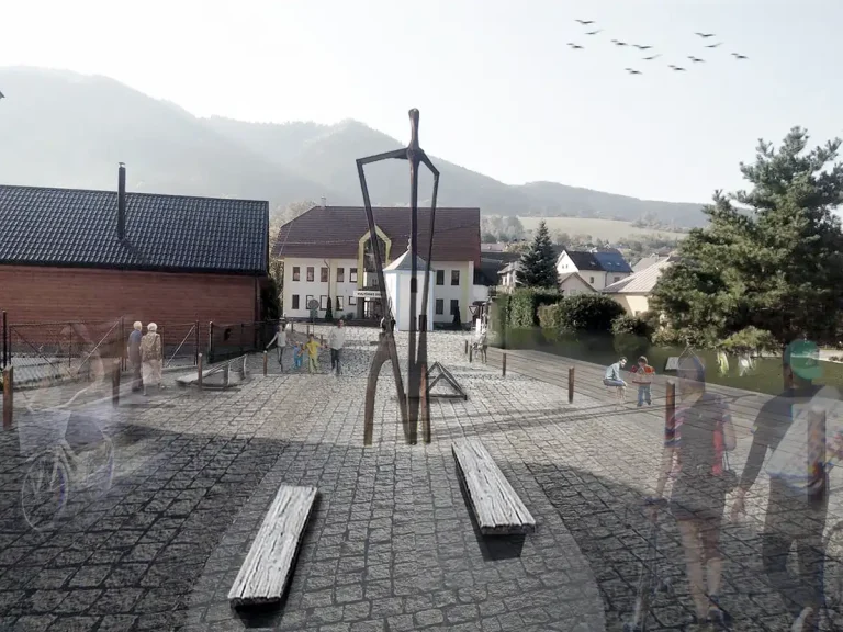 Vizualizácia Centra obce po zrekonštruovaní. Vybudovanie pešej zóny s obmädzenou rýchlosťou a presmerovanie komunikácií do jednosmerných
